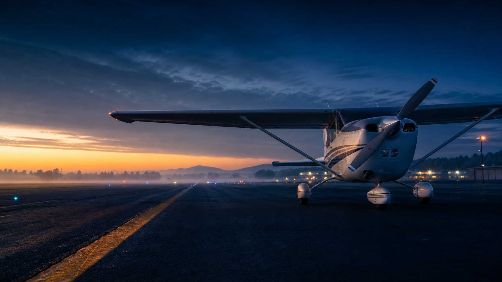 Single-engine training aircraft on a runway at sunrise